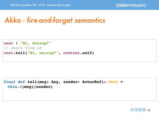 MILAN november 28th, 2014 - Roberto Bentivoglio 
14 
Akka - fire-and-forget semantics 
user ! "Hi, wazzup?" 
// short form of 
user.tell("Hi, wazzup?", context.self) 
final def tell(msg: Any, sender: ActorRef): Unit = 
this.!(msg)(sender) 
 