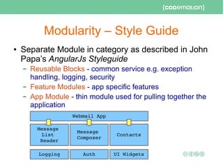 Modularity – Style Guide
● Separate Module in category as described in John
Papa’s AngularJs Styleguide
– Reusable Blocks - common service e.g. exception
handling, logging, security
– Feature Modules - app specific features
– App Module - thin module used for pulling together the
application
Webmail App
Logging Auth UI Widgets
Message 
List 
Reader
Message 
Composer
Contacts
 