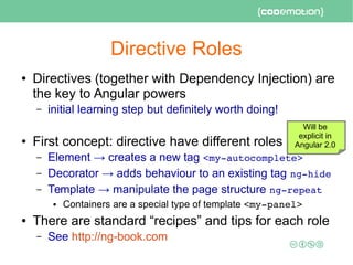Directive Roles
● Directives (together with Dependency Injection) are
the key to Angular powers
– initial learning step but definitely worth doing!
● First concept: directive have different roles
– Element → creates a new tag <my­autocomplete>
– Decorator → adds behaviour to an existing tag ng­hide
– Template → manipulate the page structure ng­repeat
● Containers are a special type of template <my­panel> 
● There are standard “recipes” and tips for each role
– See http://ng-book.com
Will be
explicit in
Angular 2.0
 