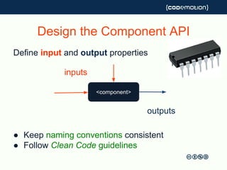 Design the Component API
Define input and output properties
● Keep naming conventions consistent
● Follow Clean Code guidelines
<component>
inputs
outputs
 