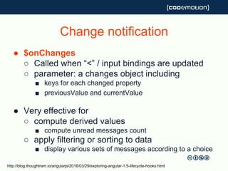 Change notification
● $onChanges
○ Called when “<” / input bindings are updated
○ parameter: a changes object including
■ keys for each changed property
■ previousValue and currentValue
● Very effective for
○ compute derived values
■ compute unread messages count
○ apply filtering or sorting to data
■ display various sets of messages according to a choice
http://blog.thoughtram.io/angularjs/2016/03/29/exploring-angular-1.5-lifecycle-hooks.html
 