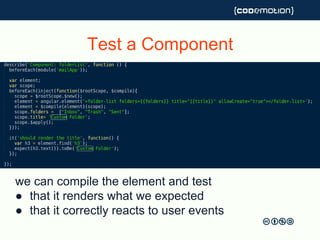 Test a Component
we can compile the element and test
● that it renders what we expected
● that it correctly reacts to user events
 
