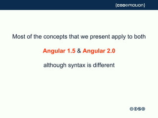 Most of the concepts that we present apply to both
Angular 1.5 & Angular 2.0
although syntax is different
 