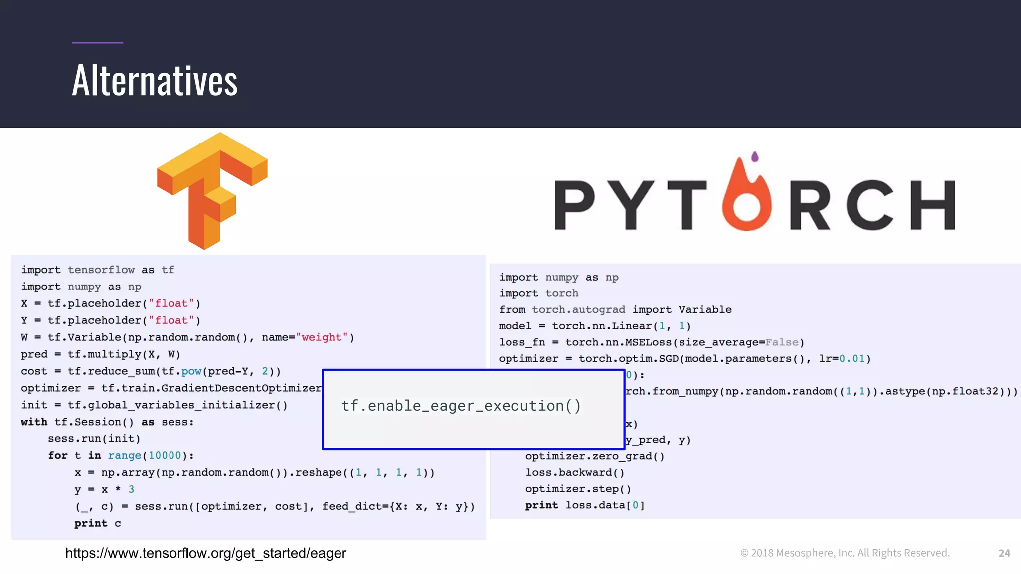 © 2018 Mesosphere, Inc. All Rights Reserved. 24
Alternatives
tf.enable_eager_execution()
https://www.tensorflow.org/get_started/eager
 