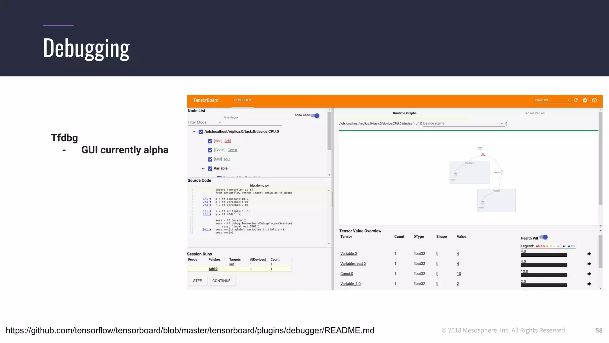 © 2018 Mesosphere, Inc. All Rights Reserved.
Debugging
58
Tfdbg
- GUI currently alpha
https://github.com/tensorflow/tensorboard/blob/master/tensorboard/plugins/debugger/README.md
 