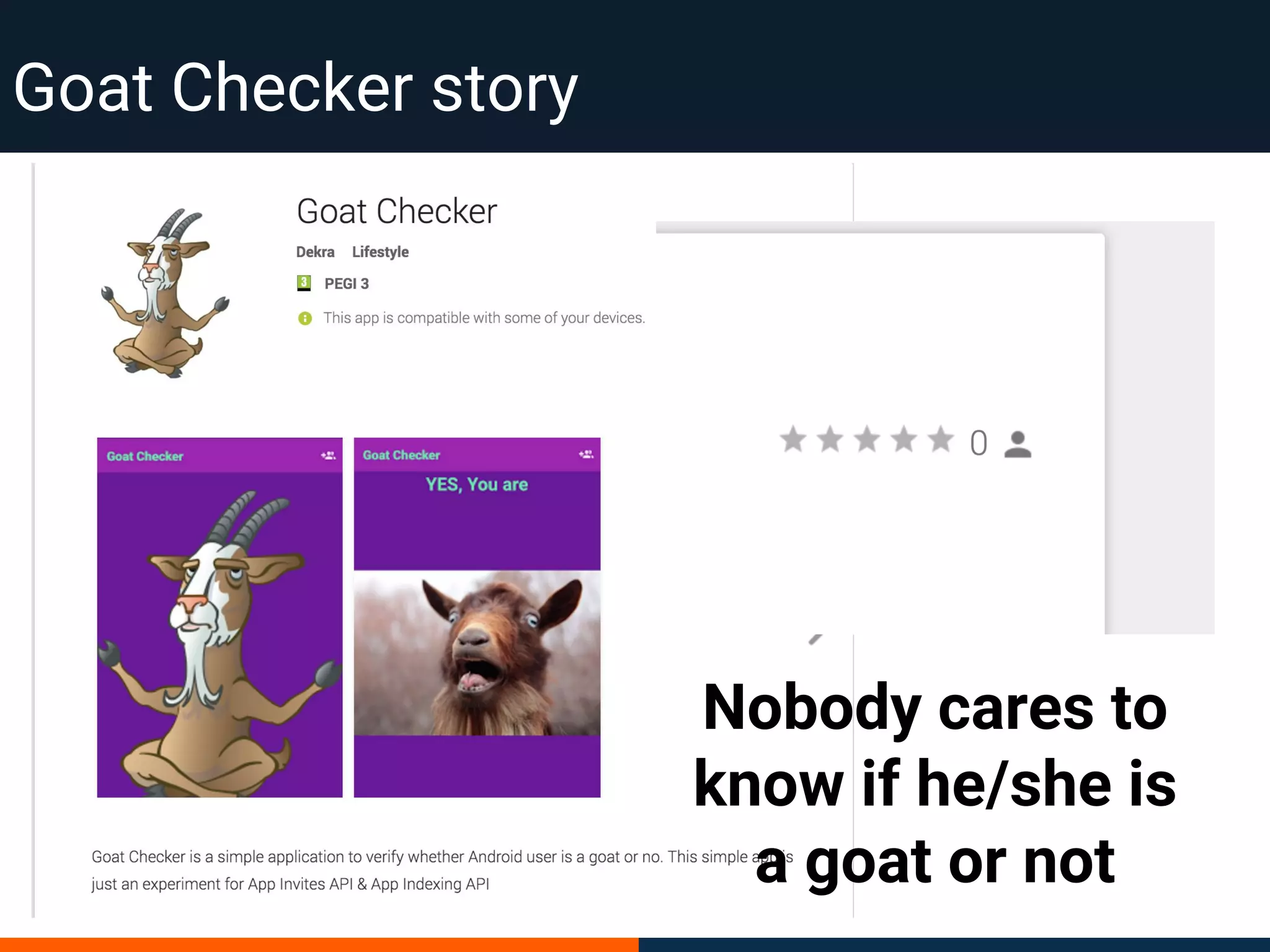 Goat Checker story
Nobody cares to
know if he/she is
a goat or not
 