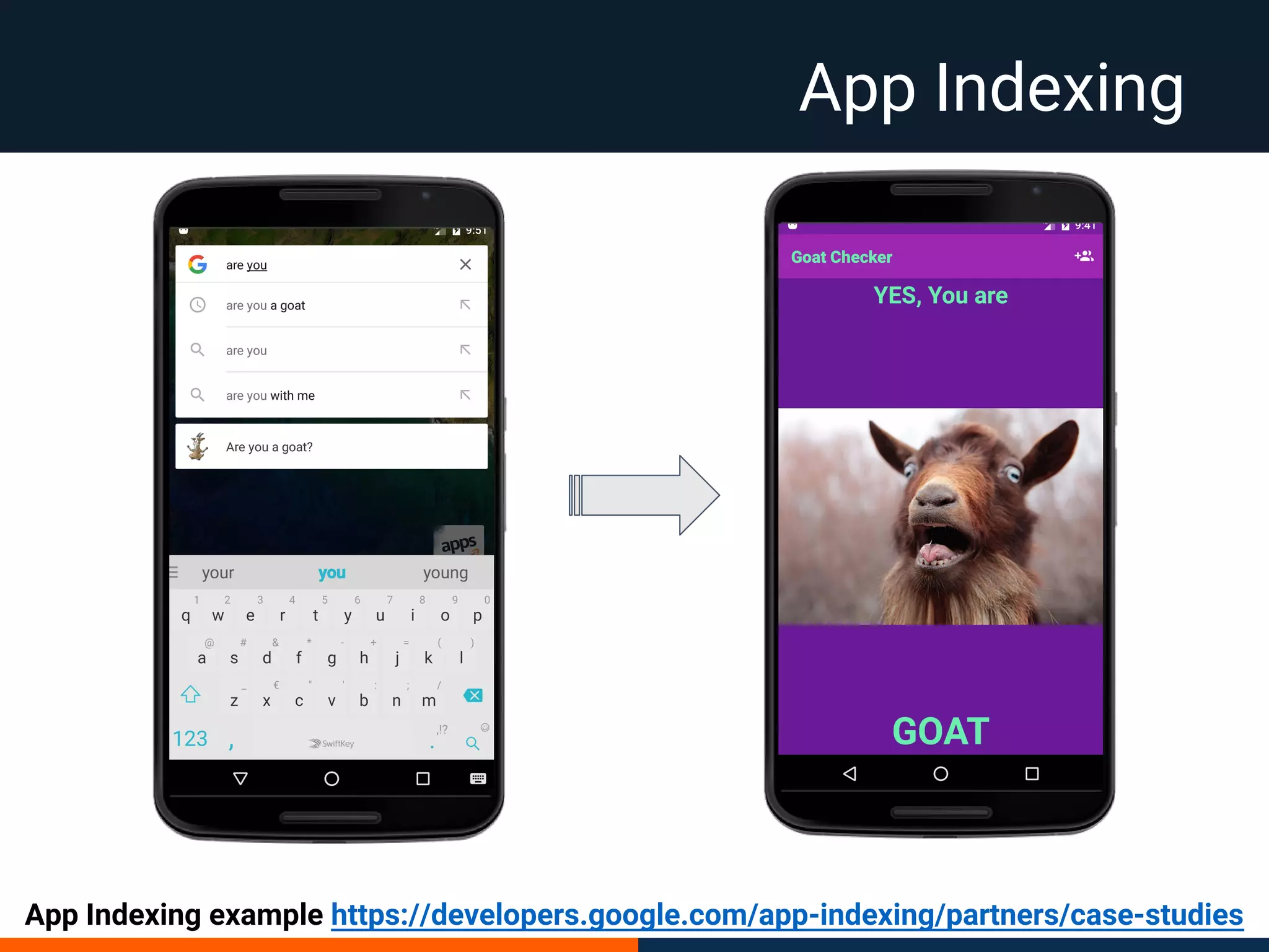 App Indexing
App Indexing example https://developers.google.com/app-indexing/partners/case-studies
 