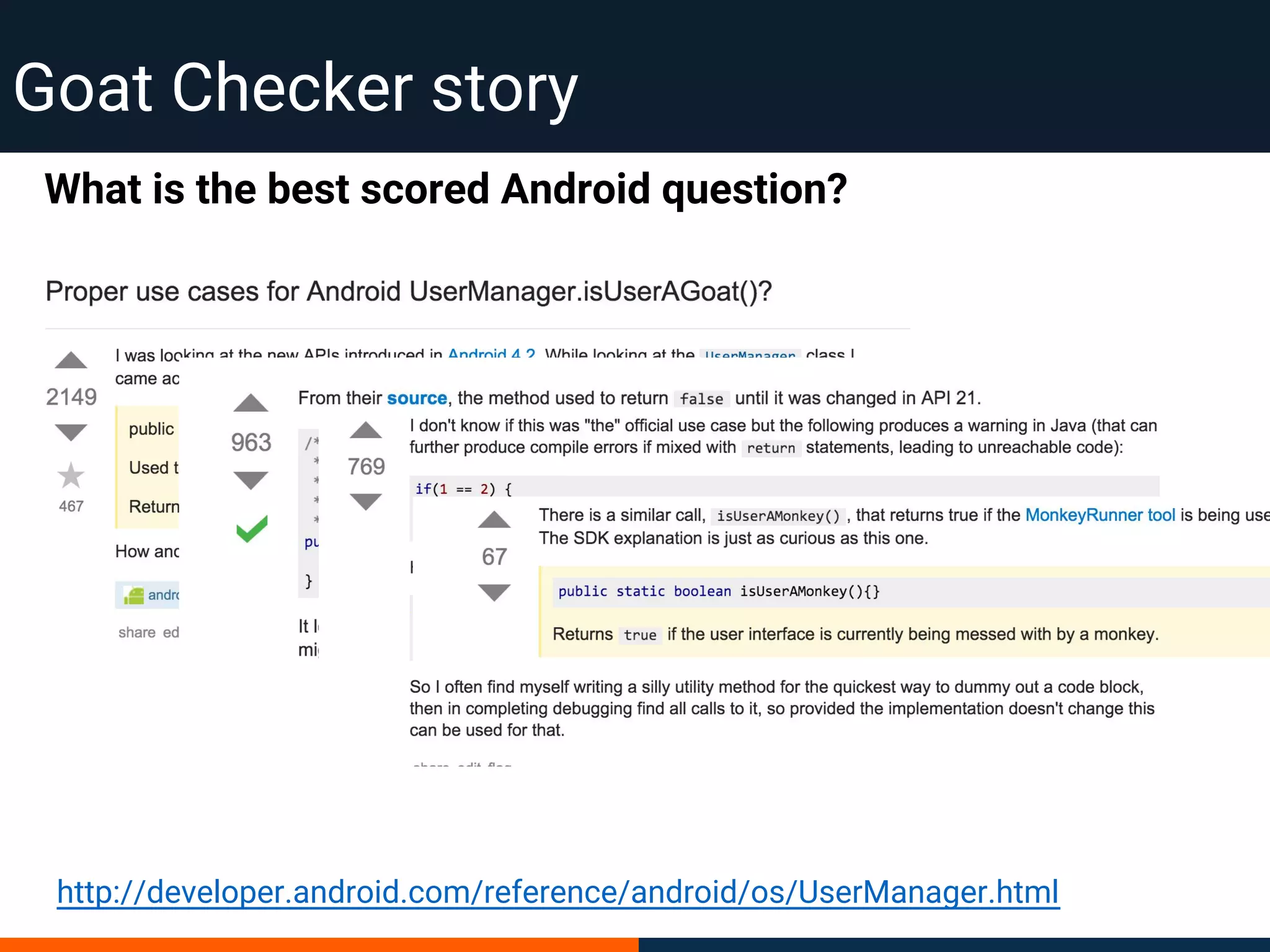 Goat Checker story
What is the best scored Android question?
http://developer.android.com/reference/android/os/UserManager.html
 