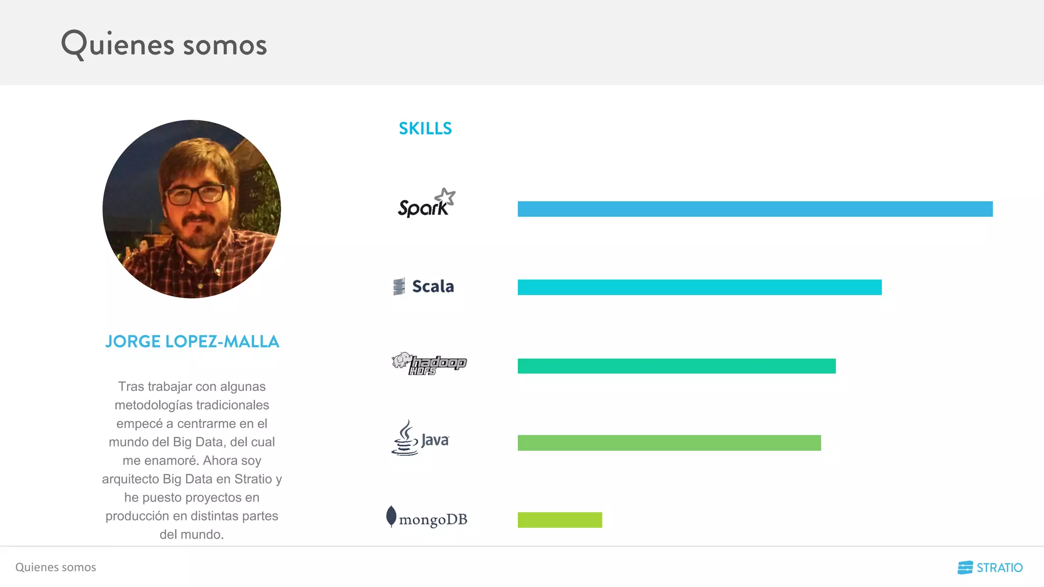 Quienes somos
Tras trabajar con algunas
metodologías tradicionales
empecé a centrarme en el
mundo del Big Data, del cual
me enamoré. Ahora soy
arquitecto Big Data en Stratio y
he puesto proyectos en
producción en distintas partes
del mundo.
 