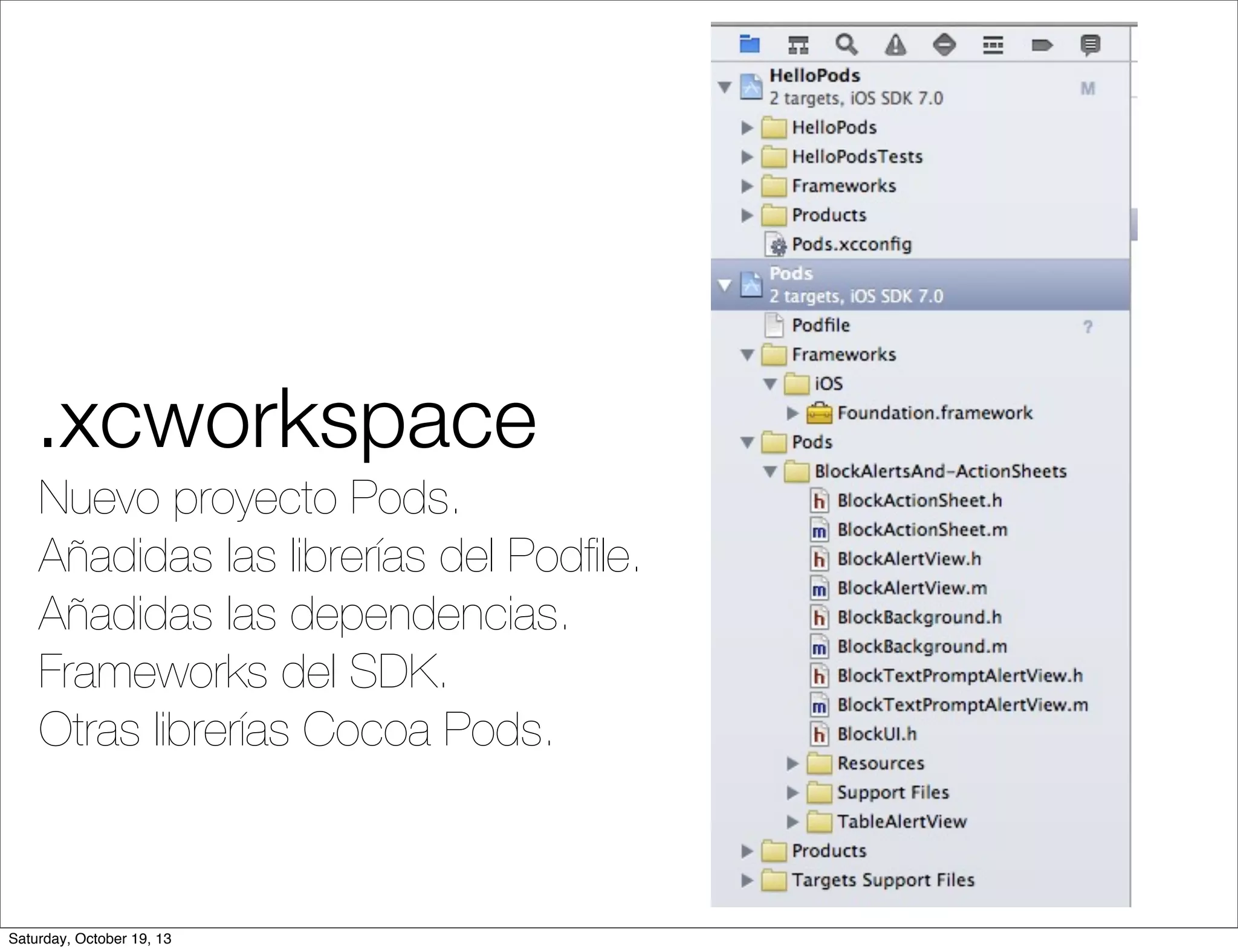 .xcworkspace
Nuevo proyecto Pods.
Añadidas las librerías del Podﬁle.
Añadidas las dependencias.
Frameworks del SDK.
Otras librerías Cocoa Pods.

Saturday, October 19, 13

 