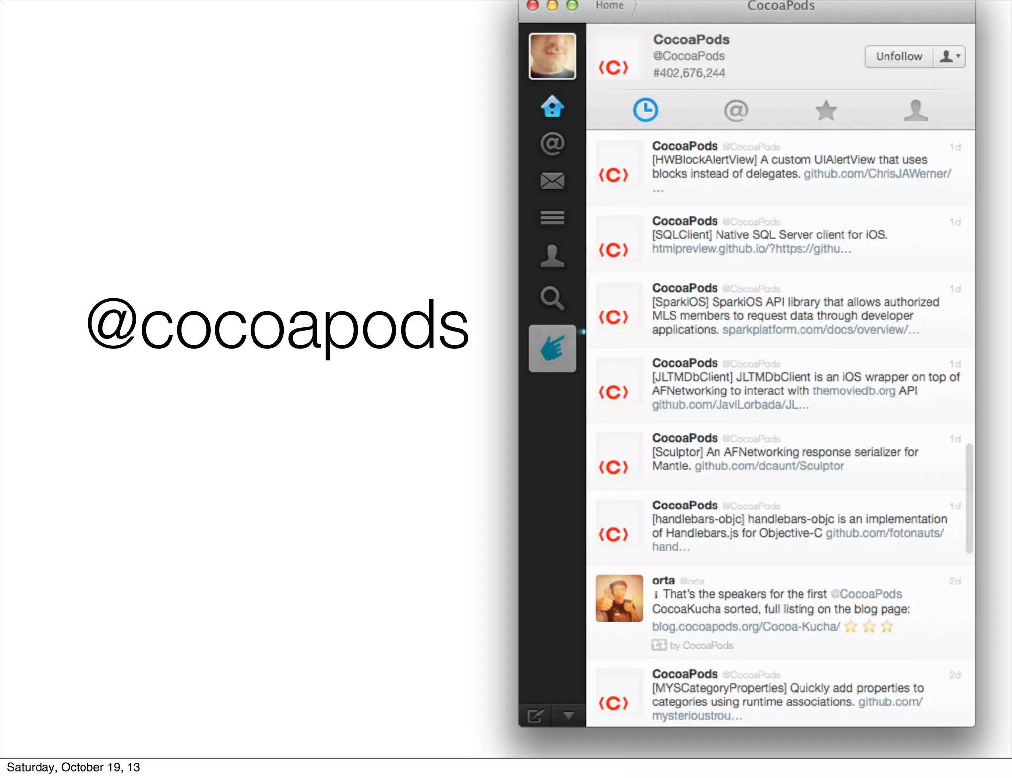 @cocoapods

Saturday, October 19, 13

 