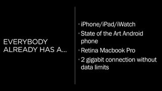 EVERYBODY
ALREADY HAS A…
•iPhone/iPad/iWatch
•State of the Art Android
phone
•Retina Macbook Pro
•2 gigabit connection without
data limits
 