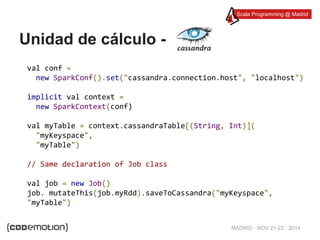 Scala Programming @ Madrid 
MADRID · NOV 21-22 · 2014 
Unidad de cálculo - 
val conf = 
new SparkConf().set("cassandra.connection.host", "localhost") 
implicit val context = 
new SparkContext(conf) 
val myTable = context.cassandraTable[(String, Int)]( 
"myKeyspace", 
"myTable") 
// Same declaration of Job class 
val job = new Job() 
job. mutateThis(job.myRdd).saveToCassandra("myKeyspace", 
"myTable") 
 
