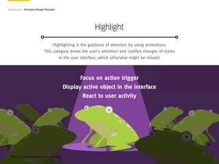Introduction Animation Design Principles

Highlight
Highlighting is the guidance of attention by using animations.
This ca...