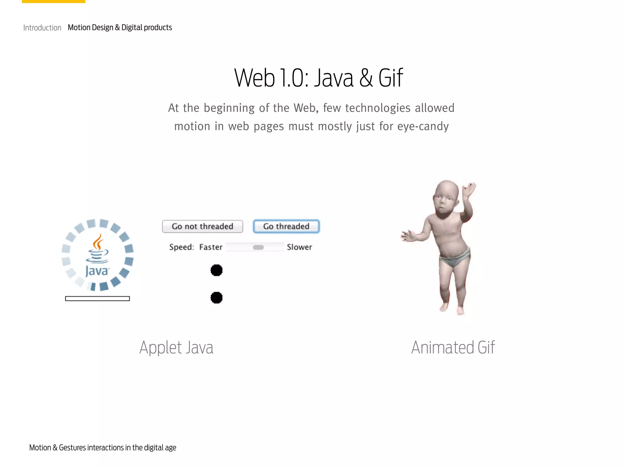 Introduction Motion Design & Digital products

Web 1.0: Java & Gif
At the beginning of the Web, few technologies allowed
motion in web pages must mostly just for eye-candy

Applet Java

Motion & Gestures interactions in the digital age

Animated Gif

 