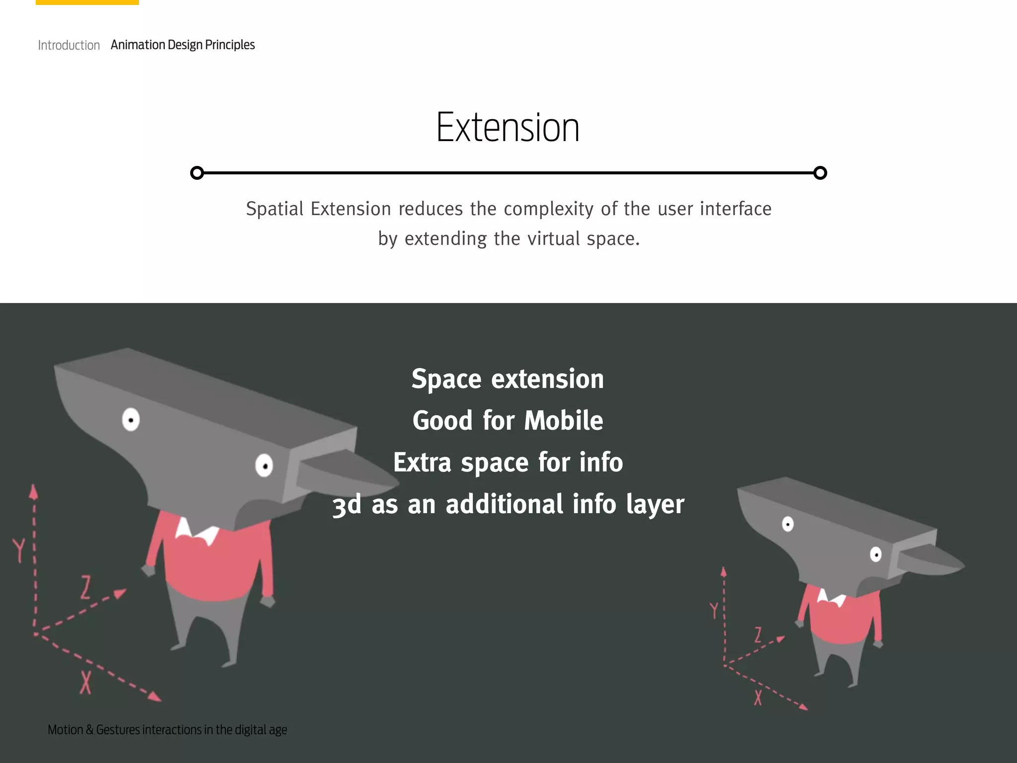 Introduction Animation Design Principles

Extension
Spatial Extension reduces the complexity of the user interface
by extending the virtual space.

Space extension
Good for Mobile
Extra space for info
3d as an additional info layer

Motion & Gestures interactions in the digital age

 