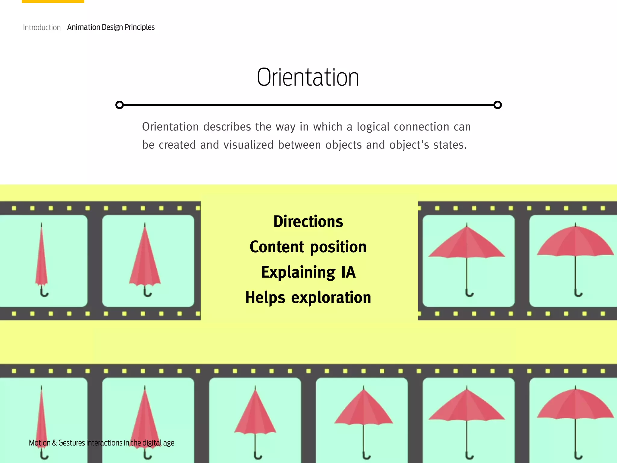 Introduction Animation Design Principles

Orientation
Orientation describes the way in which a logical connection can
be created and visualized between objects and object's states.

Directions
Content position
Explaining IA
Helps exploration

Motion & Gestures interactions in the digital age

 