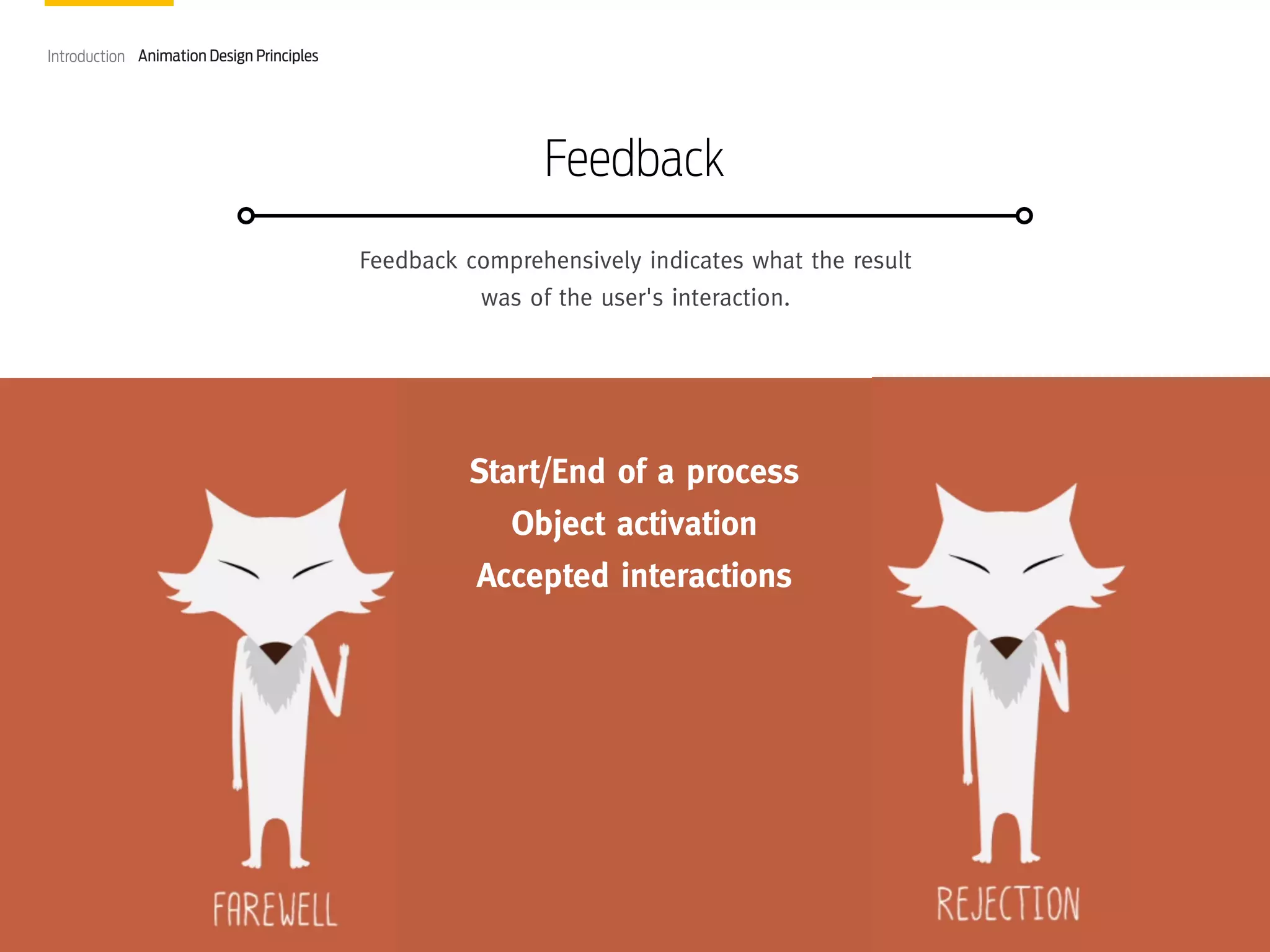 Introduction Animation Design Principles

Feedback
Feedback comprehensively indicates what the result
was of the user's interaction.

Start/End of a process
Object activation
Accepted interactions

Motion & Gestures interactions in the digital age

 