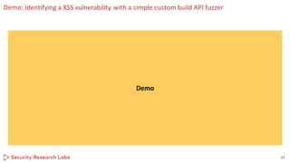Demo: Identifying a XSS vulnerability with a simple custombuild API fuzzer
17
Demo
 