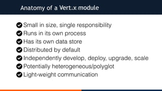 microserviceAnatomy of a Vert.x module
- Small in size, single responsibility
- Runs in its own process
- Has its own data store
- Distributed by default
- Independently develop, deploy, upgrade, scale
- Potentially heterogeneous/polyglot
- Light-weight communication
 