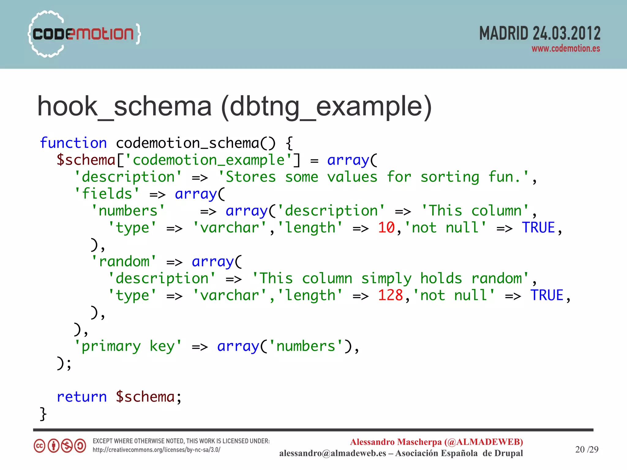 hook_schema (dbtng_example)
function codemotion_schema() {
  $schema['codemotion_example'] = array(
     'description' => 'Stores some values for sorting fun.',
     'fields' => array(
        'numbers'     => array('description' => 'This column',
           'type' => 'varchar','length' => 10,'not null' => TRUE,
        ),
        'random' => array(
           'description' => 'This column simply holds random',
           'type' => 'varchar','length' => 128,'not null' => TRUE,
        ),
     ),
     'primary key' => array('numbers'),
  );

    return $schema;
}
                                            Alessandro Mascherpa (@ALMADEWEB)
                             alessandro@almadeweb.es – Asociación Española de Drupal   20 /29
 