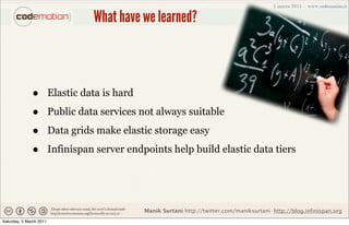 What have we learned?



              •          Elastic data is hard

              •          Public data services not always suitable

              •          Data grids make elastic storage easy

              •          Infinispan server endpoints help build elastic data tiers




                                                Manik Surtani http://twitter.com/maniksurtani http://blog.infinispan.org
Saturday, 5 March 2011
 