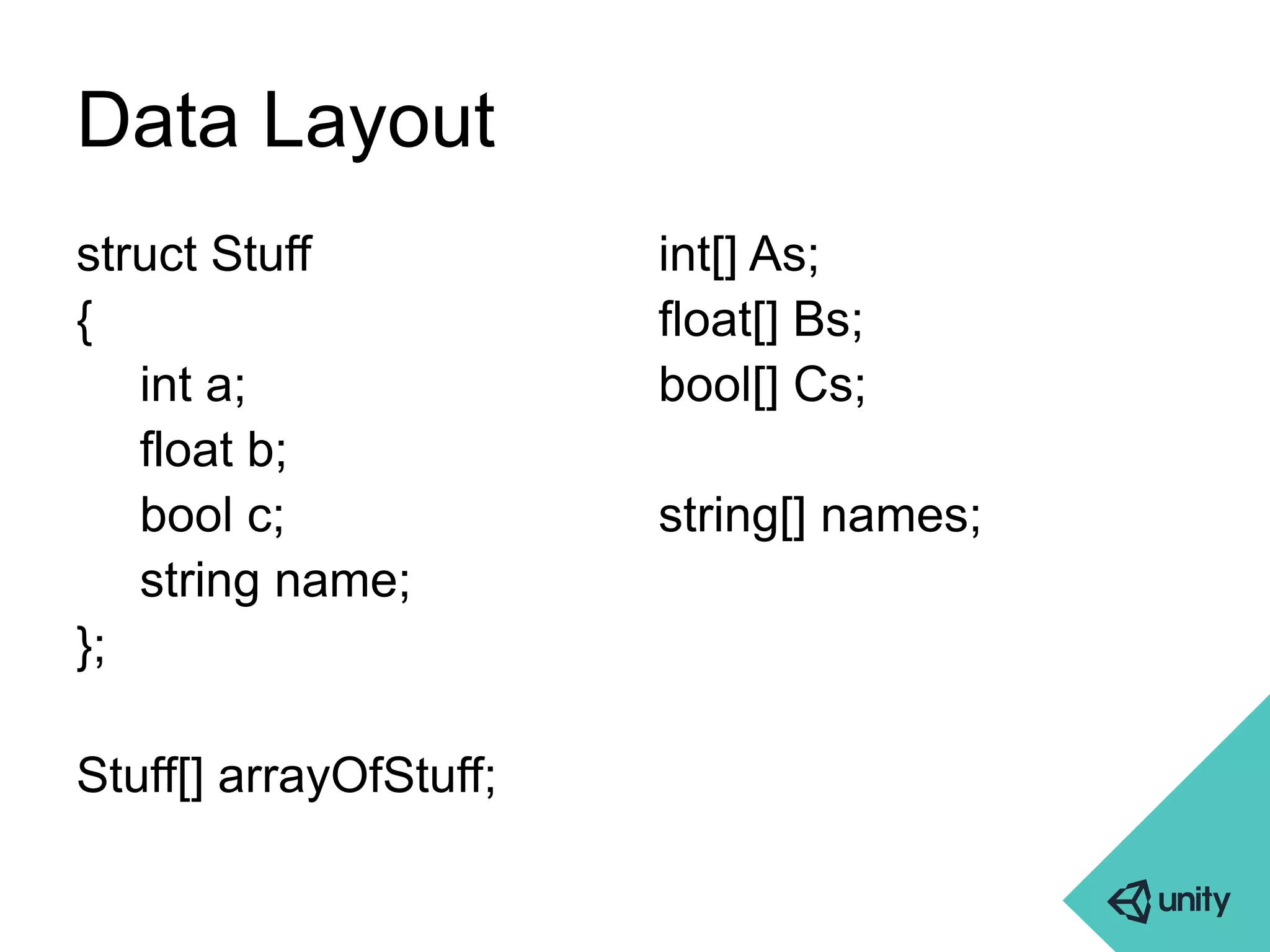 Data Layout 
struct Stuff 
{ 
int a; 
float b; 
bool c; 
string name; 
}; 
Stuff[] arrayOfStuff; 
int[] As; 
float[] Bs; 
bool[] Cs; 
string[] names; 
 