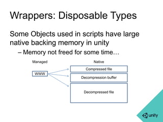Wrappers: Disposable Types 
Some Objects used in scripts have large 
native backing memory in unity 
– Memory not freed for some time… 
Managed Native 
WWW 
Compressed file 
Decompression buffer 
Decompressed file 
 