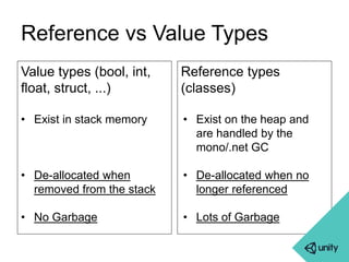 Reference vs Value Types 
Value types (bool, int, 
float, struct, ...) 
• Exist in stack memory 
• De-allocated when 
removed from the stack 
• No Garbage 
Reference types 
(classes) 
• Exist on the heap and 
are handled by the 
mono/.net GC 
• De-allocated when no 
longer referenced 
• Lots of Garbage 
 