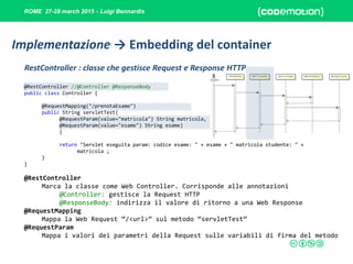ROME 27-28 march 2015 - Luigi Bennardis
@RestController //@Controller @ResponseBody
public class Controller {
@RequestMapping("/prenotaEsame")
public String servletTest(
@RequestParam(value="matricola") String matricola,
@RequestParam(value="esame") String esame)
{
return "Servlet eseguita param: codice esame: " + esame + " matricola studente: " +
matricola ;
}
}
@RestController
Marca la classe come Web Controller. Corrisponde alle annotazioni
@Controller: gestisce la Request HTTP
@ResponseBody: indirizza il valore di ritorno a una Web Response
@RequestMapping
Mappa la Web Request “/<url>” sul metodo “servletTest”
@RequestParam
Mappa i valori dei parametri della Request sulle variabili di firma del metodo
RestController : classe che gestisce Request e Response HTTP
Implementazione → Embedding del container
 