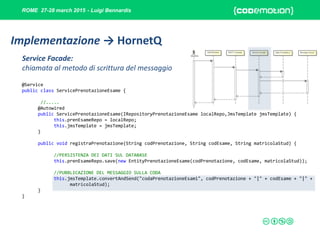 ROME 27-28 march 2015 - Luigi Bennardis
@Service
public class ServicePrenotazioneEsame {
//.....
@Autowired
public ServicePrenotazioneEsame(IRepositoryPrenotazioneEsame localRepo,JmsTemplate jmsTemplate) {
this.prenEsameRepo = localRepo;
this.jmsTemplate = jmsTemplate;
}
public void registraPrenotazione(String codPrenotazione, String codEsame, String matricolaStud) {
//PERSISTENZA DEI DATI SUL DATABASE
this.prenEsameRepo.save(new EntityPrenotazioneEsame(codPrenotazione, codEsame, matricolaStud));
//PUBBLICAZIONE DEL MESSAGGIO SULLA CODA
this.jmsTemplate.convertAndSend("codaPrenotazioneEsami", codPrenotazione + "|" + codEsame + "|" +
matricolaStud);
}
}
Service Facade:
chiamata al metodo di scrittura del messaggio
Implementazione → HornetQ
 