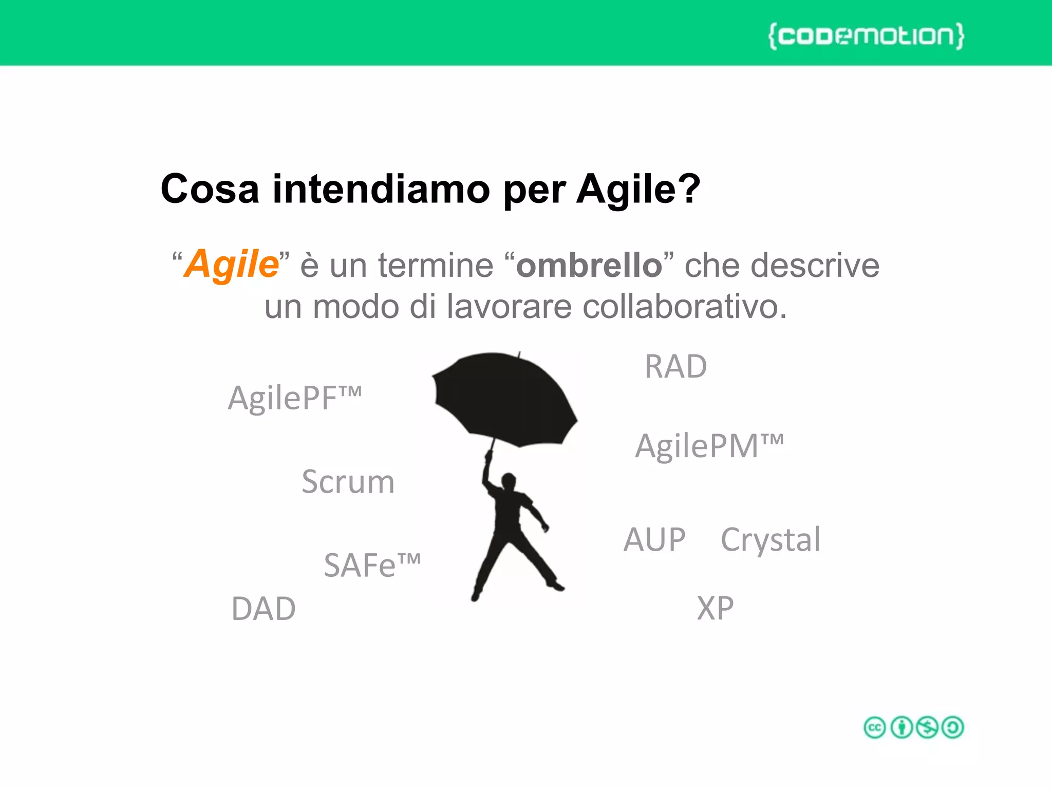 ROME 27-28 march 2015 – Speaker's name
“Agile” è un termine “ombrello” che descrive
un modo di lavorare collaborativo.
Cosa intendiamo per Agile?
AgilePF™
AgilePM™
Scrum
SAFe™
XP
CrystalAUP
RAD
DAD
 