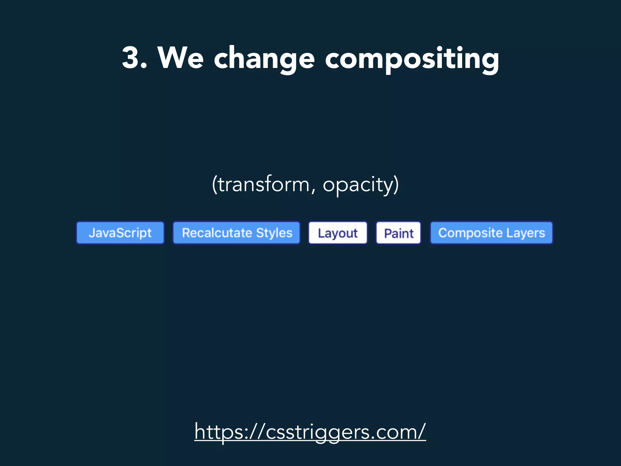 3. We change compositing
(transform, opacity)
https://csstriggers.com/
 