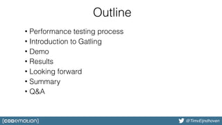 @bjschrijver@TimvEijndhoven
Outline
• Performance testing process
• Introduction to Gatling
• Demo
• Results
• Looking forward
• Summary
• Q&A
 