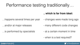 @bjschrijver@TimvEijndhoven
Performance testing traditionally…
…happens several times per year 
 
…and/or at major releases 
 
…is performed by specialists 
 
.. which is far from ideal: 
 
- changes were made long ago 
 
- many different code changes 
 
- at a certain moment in time 
 
- when is a test required? 
 
 