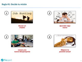 Regla 
#1: 
Decide 
tu 
misión 
5 
Buscar 
un 
empleo 
Lanzar 
una 
nueva 
idea/proyecto 
Aprender 
algo 
nuevo 
Mejorar 
tu 
posición 
actual 
1 
2 
3 4 
 