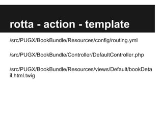 rotta - action - template
/src/PUGX/BookBundle/Resources/config/routing.yml
/src/PUGX/BookBundle/Controller/DefaultController.php
/src/PUGX/BookBundle/Resources/views/Default/bookDeta
il.html.twig

 