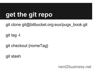 get the git repo
/home/sf2/pugx_book
git clone git@bitbucket.org:eux/pugx_book_2.git
git tag -l
git checkout {nomeTag}
git stash
nerd2business.net

 