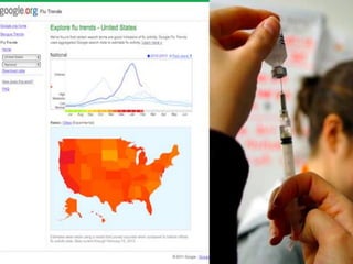 Big Data Success Stories
Google Flu Trends is a web service
operated by Google. It provides
estimates of influenza activity for more
than 25 countries. By aggregating Google
search queries, it attempts to make
accurate predictions about flu activity
In the 2009 flu pandemic Google Flu
Trends tracked information about flu in
the United States. In February 2010, the
CDC identified influenza cases spiking in
the mid-Atlantic region of the United
States. However, Google’s data of search
queries about flu symptoms was able to
show that same spike two weeks prior to
the CDC report being released
 