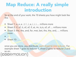 Map Reduce: A really simple
introduction
So at the end of your work, the 10 sheets you have might look like
this
•  Sheet 1: a, a ,a , I, I , i, a, i, i, i…. millions more
•  Sheet 2: if, of, it, of, of, if, at, im, is,is, of, of … millions more
•  Sheet 3 :the, the, and, for, met, bet, the, the, and, … millions
more
•  ..
•  Sheet 10: ……
once you are done, you distribute, each sheet to one reducer. For
example sheet 1 goes to reducer 1, sheet 2 goes to reducer 2 and
so on.
 