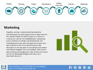 Analysis

Planning

Design

Development

Marketing
Together, we have created something beautiful,
something that we want people to know about and use.
Your app will speak for itself, but give us a chance to
crank up the volume! At CodeMyMobile, marketing is
just as important as design and development. Our
marketing gurus have years of experience to give your
app maximum reach. From optimizing your app
description in the app store to contacting top reviewers
and relevant bloggers from our database, they use the
latest industry knowledge every step of the way. Choose
one of our Marketing Packages and watch your
download rate sore!

Call us directly at +1-917-538-9538, +91-120-4164003,
write to us at info@codemymobile.com

Quality
Assurance

Delivery

Marketing

 
