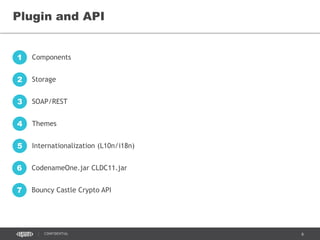 6CONFIDENTIAL
Plugin and API
Components1
Storage2
SOAP/REST3
Themes4
Internationalization (L10n/i18n)5
CodenameOne.jar CLDC11.jar6
Bouncy Castle Crypto API7
 