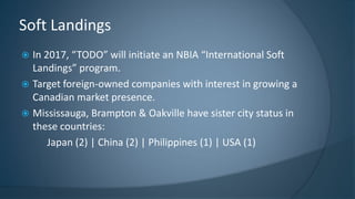  In 2017, “TODO” will initiate an NBIA “International Soft
Landings” program.
 Target foreign-owned companies with interest in growing a
Canadian market presence.
 Mississauga, Brampton & Oakville have sister city status in
these countries:
Japan (2) | China (2) | Philippines (1) | USA (1)
Soft Landings
 