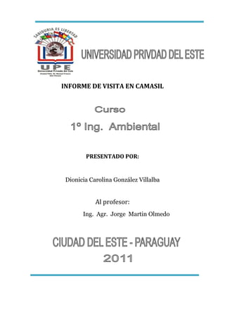 INFORME DE VISITA EN CAMASIL




        PRESENTADO POR:


 Dionicia Carolina González Villalba


            Al profesor:
       Ing. Agr. Jorge Martin Olmedo
 