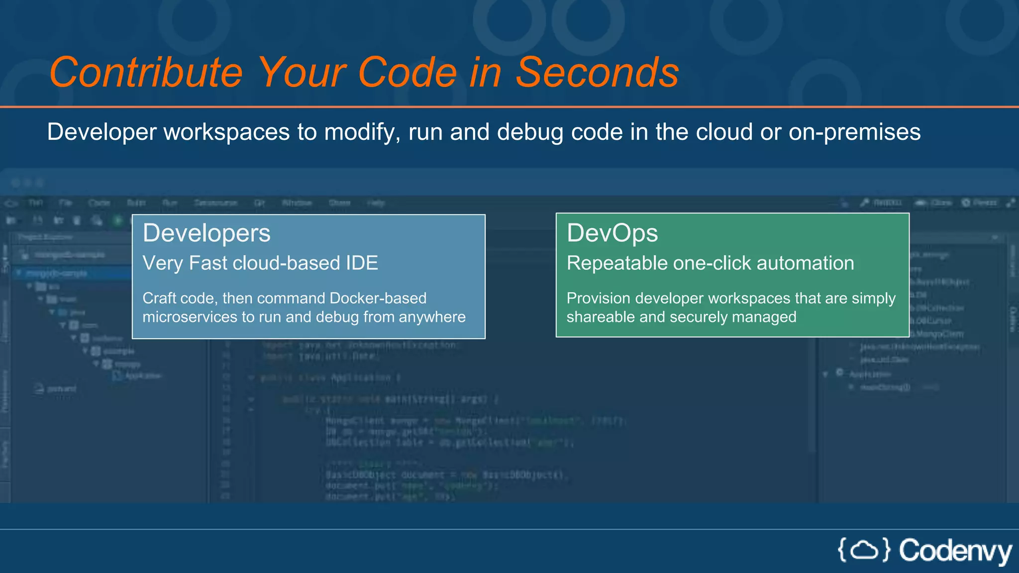 Contribute Your Code in Seconds
Developer workspaces to modify, run and debug code in the cloud or on-premises
DevOpsDevelopers
Repeatable one-click automationVery Fast cloud-based IDE
Provision developer workspaces that are simply
shareable and securely managed
Craft code, then command Docker-based
microservices to run and debug from anywhere
 