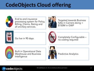 CodeObjects Cloud offering

   End to end insurance
                                                               Targeted towards Business
   processing system for Policy,
                                                               folks in Carriers doing <
   Billing, Claims, Rating and
                                                               $150M in GWP
   all ancillary services.



                                                               Completely Configurable –
   Go live in 90 days
                                                               no coding required



   Built in Operational Data
   Warehouse and Business                                      Predictive Analytics
   Intelligence



                        © CodeObjects, Inc. Do not distribute without permission           7
 