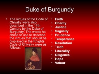 Duke of Burgundy The virtues of the Code of Chivalry were also described in the 14th Century by the Duke of Burgundy. The words he chose to use to describe the virtues that should be displayed in the Knights Code of Chivalry were as follows: Faith   Charity   Justice   Sagacity   Prudence   Temperance   Resolution   Truth   Liberality   Diligence   Hope Valour 