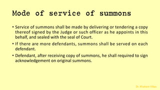 Dr. Khakare Vikas
Mode of service of summons
• Service of summons shall be made by delivering or tendering a copy
thereof signed by the Judge or such officer as he appoints in this
behalf, and sealed with the seal of Court.
• If there are more defendants, summons shall be served on each
defendant.
• Defendant, after receiving copy of summons, he shall required to sign
acknowledgement on original summons.
 