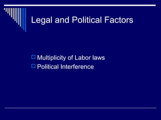 Legal and Political Factors



 Multiplicity of Labor laws
 Political Interference
 
