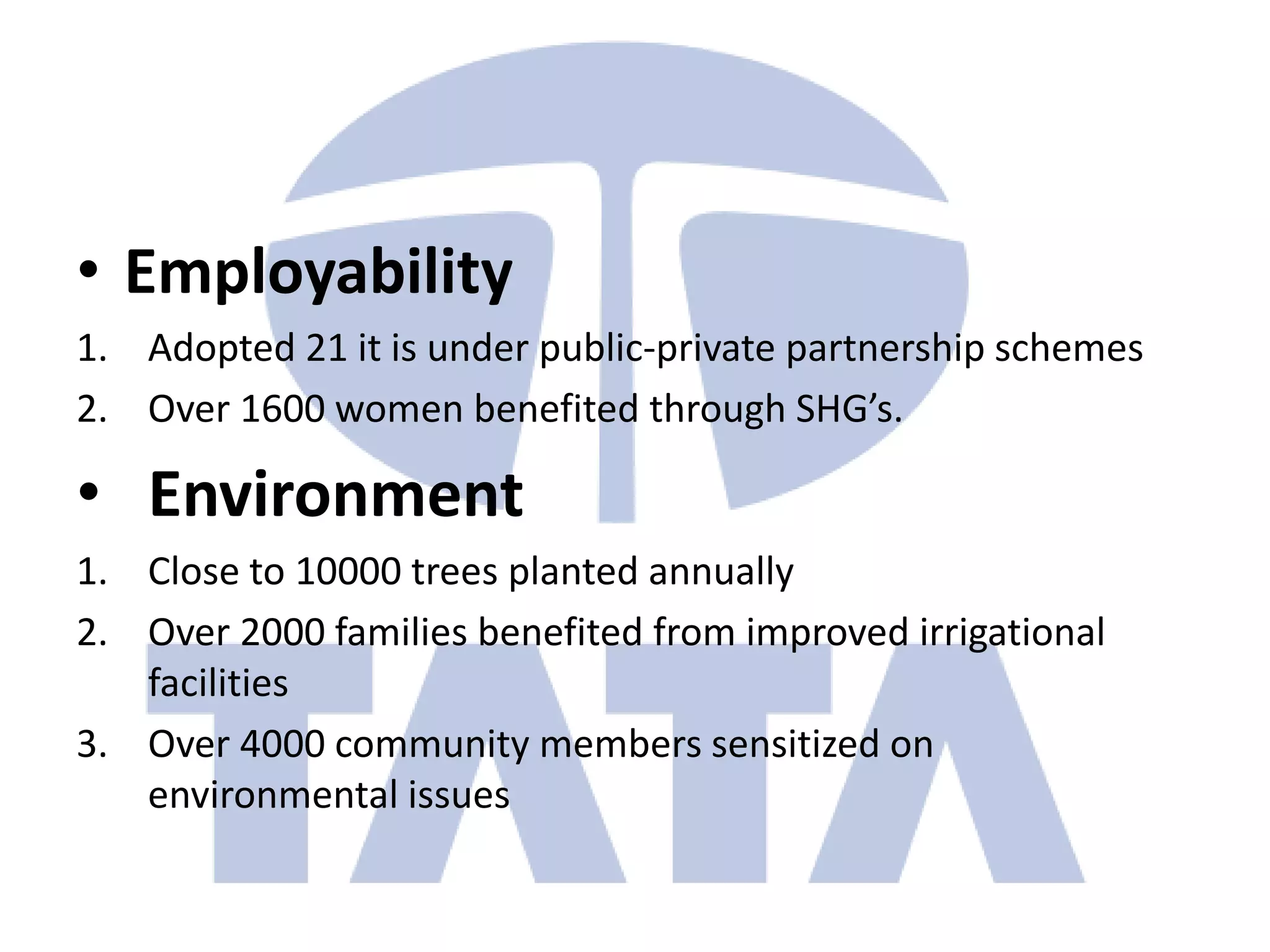 • Employability
1. Adopted 21 it is under public-private partnership schemes
2. Over 1600 women benefited through SHG’s.

• Environment
1. Close to 10000 trees planted annually
2. Over 2000 families benefited from improved irrigational
   facilities
3. Over 4000 community members sensitized on
   environmental issues
 